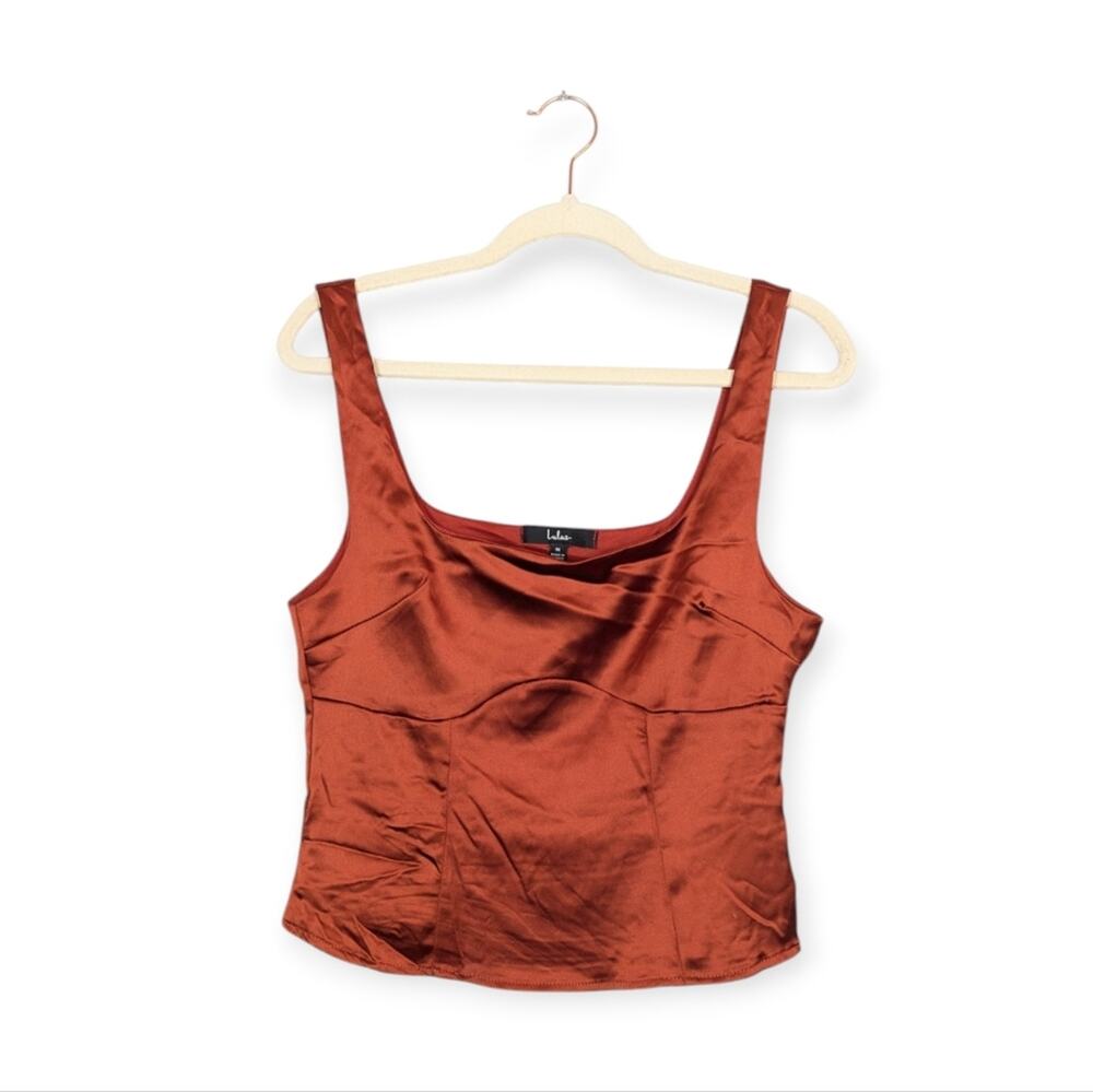 Lulu’s Rust Red Orange Exceptional Allure Satin Cropped Tank Top Size M